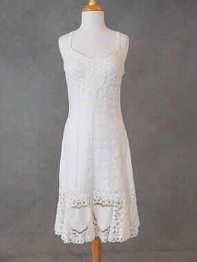 Sue Wong white vintage spring midi dress, linen sleeveless summer dress, size 8